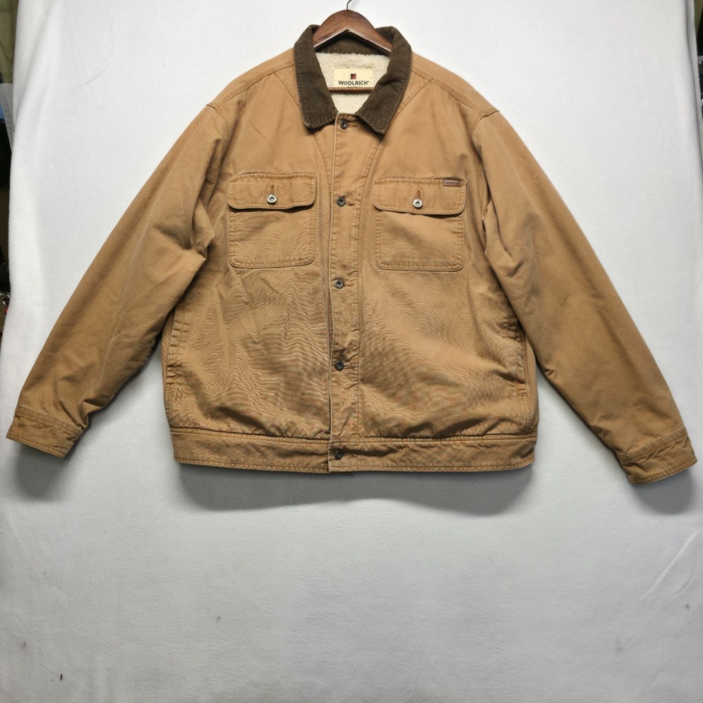 Woolrich Sherpa Lined Trucker Jacket Mens 2XL Tan Cotton Canvas Brown Collar